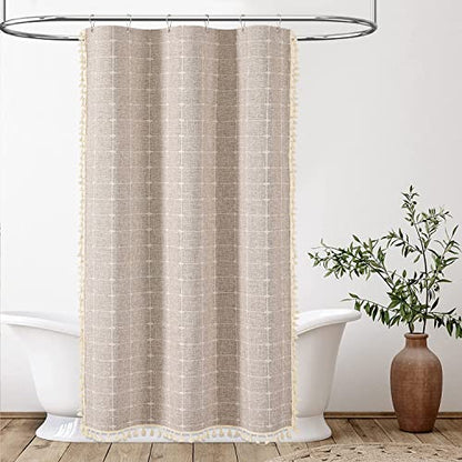 BTTN Stall Boho Farmhouse Linen Heavy Duty Shower Curtain, 36x72, Tan/Taupe | Half Size, 330GSM Linen Blend, 3-side Tassels, Water Repellent Fabric, 6 Plastic Hooks, Rustic Bohemian, Machine Washable - color: Taupe, size: 36"W x 72"L (Pack of 1)