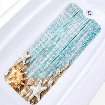 Bath Mat for Tub, Seashells Summer, 40 X 16 Inch, for Bathtub | Space Beach Wood Extra Long Shower with Suction Cups and Drain Holes for Kids Adults Elderly - color: Ocean Starfish Shell