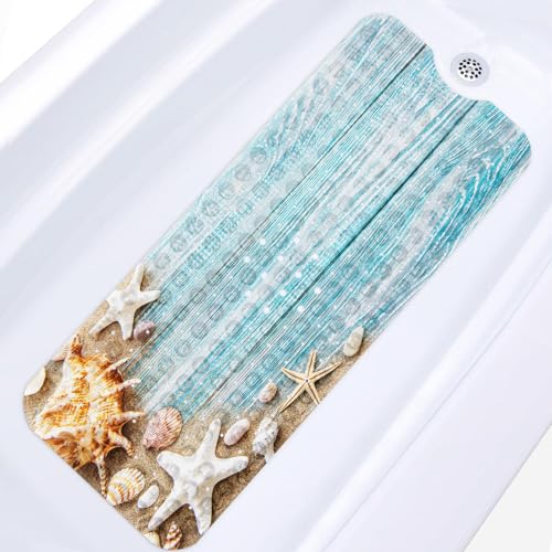 Bath Mat for Tub, Seashells Summer, 40 X 16 Inch, for Bathtub | Space Beach Wood Extra Long Shower with Suction Cups and Drain Holes for Kids Adults Elderly - color: Ocean Starfish Shell