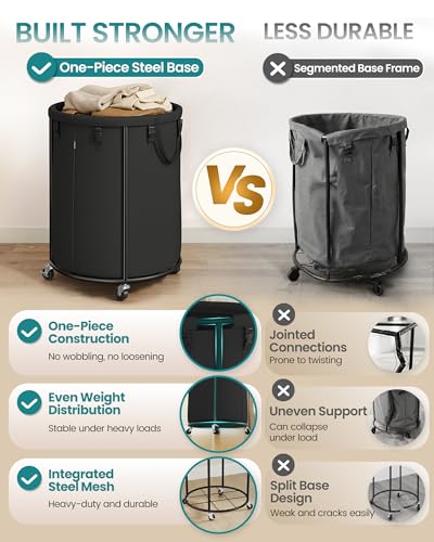 SONGMICS Laundry Basket with Wheels, Rolling Laundry Hamper with Steel Frame, Removable Liner Bag, 45 Gallon (170 L), Ink Black URLS030BH01 - color: Ink Black, size: 170L-Rolling Round