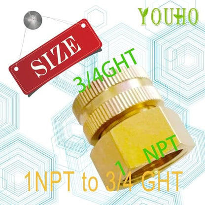 YOUHO Garden Hose Adapter Connector Heavy-Duty, Solid Brass Fittings 1 NPT Female Hose Thread x 3/4 GHT Female Hose Thread（1 Pack) - size: 1 NPT to 3/4 GHT