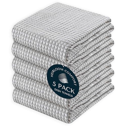 5 Pack Dual Reversible Waffle Weave Kitchen Towels, 16x26 Inch, 100% Cotton, Super Absorbent, Quick Dry Dishcloth Set, Soft Hand Towels for Cleaning, Durable, Ash Grey - color: Light Grey, size: 16 x 26 - Pack of 5