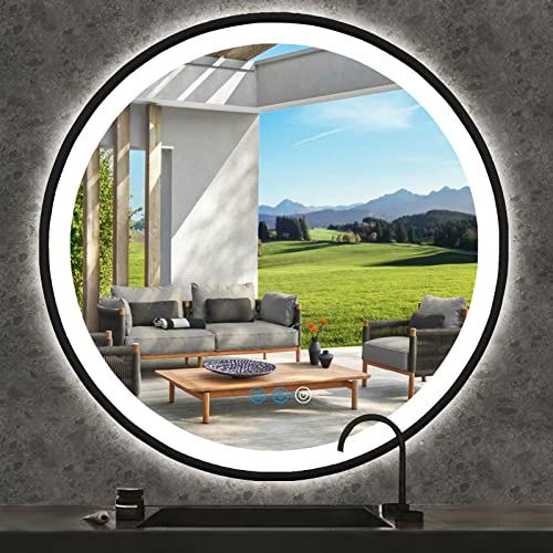 40 inch Round LED Bathroom Mirror, Black Frame, Wall Mount, Fogless, Adjustable, 3 Color Lights Smart Mirror with Anti-Fog - color: 40 Inch Black Frame