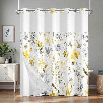 No Hook Watercolor Floral Shower Curtain with Liner, Bathroom Hook-free Shower Curtain and Snap in Liner Set, Farmhouse Waterproof Shower Curtains with Sheer Top Window and Weighted Hem, 71x74 Inches - color: Yellow Wildflower