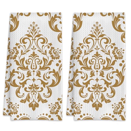 2 Pack Hand Towels White and Gold Damask Floral Kitchen Towels Absorbent Decorative Towel Set for Drying,Cleaning,Cooking,Bathroom,Holiday 16x24 Inches - color: White and Gold Damask Floral