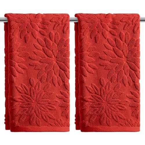 Artoid Mode 2 Pcs Red 3D Dahlia Floral Jacquard Hand Towels for Bathroom, 100% Cotton Soft Absorbent Bathroom Decor Towels, 13.7 x 29.5 Inch - color: Red, size: 13.7" x 29.5", 2PCS