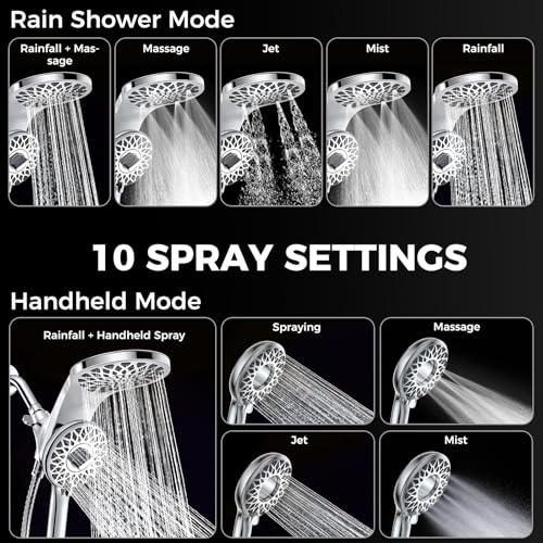 High Pressure Rain Shower Head with Handheld Spray Combo | Detachable Dual Shower Head with 10 Sprays Modes - Upgrade Knob Spray Mode Selector and Magnetic Guidance Docking System - color: Chrome