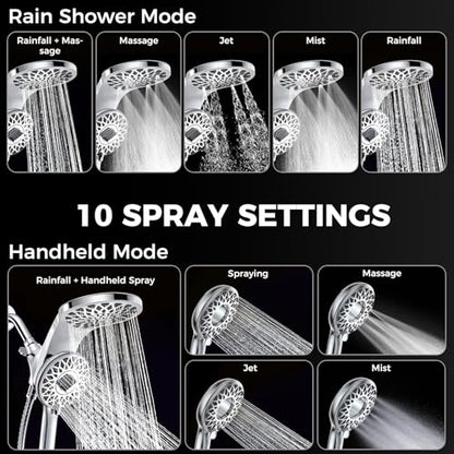 High Pressure Rain Shower Head with Handheld Spray Combo | Detachable Dual Shower Head with 10 Sprays Modes - Upgrade Knob Spray Mode Selector and Magnetic Guidance Docking System - color: Chrome