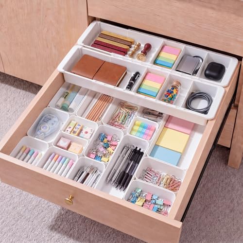 27 Pcs Deep Drawer Organizer Bulk, 2 Expandable Hanging Trays with Plastic Drawer Dividers Organizers, Desk Drawers Organizer Trays for Makeup Kitchen, Bathroom, Office, Bedroom, White
