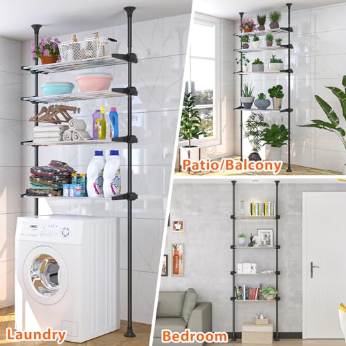 4-Tier Over The Toilet Storage Shelf, 4.5-9.5 FT Adjustable Bathroom Organizer, Heavy Duty Metal Shelves Above Behind Toilet Laundry, Space-Saving Shelving for Small Rooms, No Drill Tenant Friendly - color: Black
