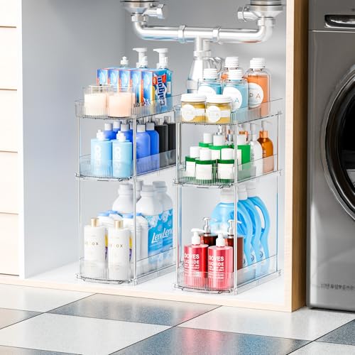 2 Pack 13.8″ Deep 3 Tier Under Sink Storage Organizer,Large Pull Out Bathroom Organizers and Storage,Slide Out Acrylic Undersink Storage Shelf,Kitchen Under Sink Organizer for Cleaning Products - style: 2 Pack-3 Tier