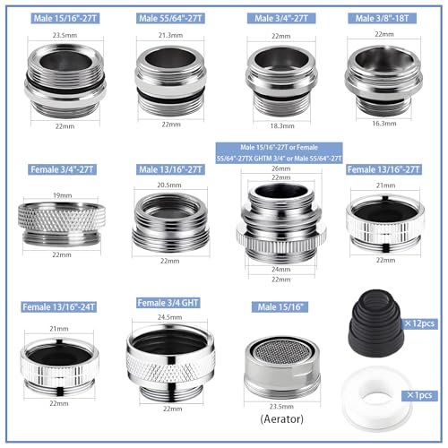 12 pcs Faucet Adapter Kit, CNYMANY Kitchen Aerator Adapter Set Male Female Sink Faucet Adapter Connecting Garden Hose Water Filter Standard Hose via Diverter