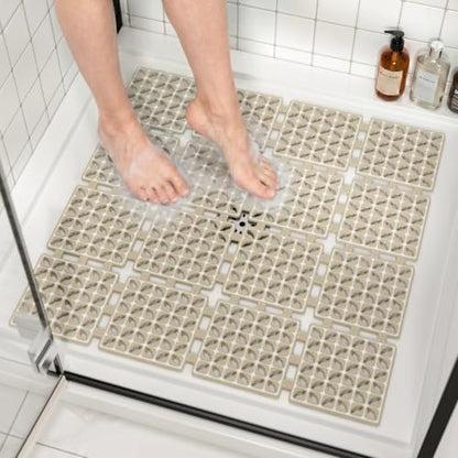 HITSLAM Shower Mat Anti Slip, 24x24 Inch Cut to Fit No Odor Soft TPE Shower Stall Mat, Square Bath Mat with Suction Cups and Drain Holes, Soft on Feet, Khaki - color: Khaki