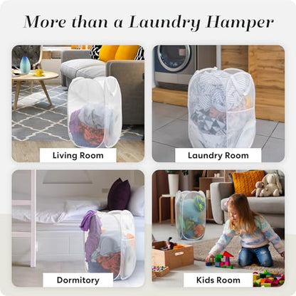 Handy Laundry Collapsible Mesh Pop Up Laundry Hamper 2-Pack, Wide Opening, Side Pocket, Space-Saving Foldable Basket for Clothes, Travel, Dorm, Kids Room, Breathable & Durable (White) - color: White, 2-PACK