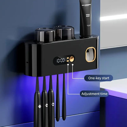 Toothbrush Holders for Bathrooms, UV Toothbrush Sanitizer and Holder Smart Home Bathroom Accessories, 2 Cups Electric Toothbrush Holder Wall Mounted with Toothpaste Dispenser Bathroom Decor