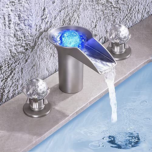 SKOWLL Bathroom Sink Faucet Waterfall, Modern Free Floating Crystal Ball with LED Light, 2 Handle Deck Mount 8 inch Widespread Bathroom Faucet 3 Hole, Brushed Nickel - color: Brushed Nickel