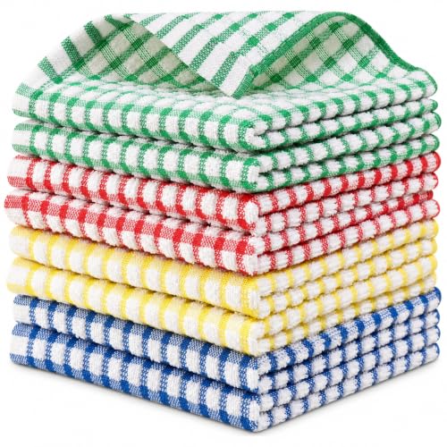 Egles 100% Cotton Kitchen Dish Cloths, 12 x 12 Inch, 8 Pack | Absorbent terry dishcloths for washing dishes and counters; 4 colors help organize cleaning tasks - color: Blue, Green, Red, Yellow, size: 12"x12" - 8 pcs
