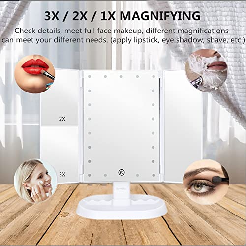 Trifold Lighted Vanity Makeup Mirror with 21 LEDs Lights,1x/2x/3x Magnification and Touch Screen Dimming,Two Power Supplies Makeup Mirror, Gift for Women - color: White