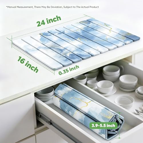 Stone Drying Mat for Kitchen Counter, Quick Diatomaceous Earth Mats for Dishes, 24"L x 16" W Super Absorbent Fast-Drying Collapsible Countertop Stone Mat (Marble White Blue, 24" x 16") - color: Marble White Blue