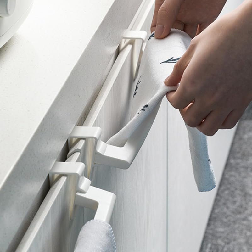 KALLORY 2pcs No Drill Towel Rack Buckle Bar, Removable Punch-Free Cabinet Door Hanging Towel Holder Organizer for Kitchen and Bathroom, White