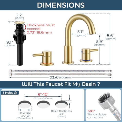 FGKQ 3-Hole 2-Handle Widespread Bathroom Sink Faucet, Brushed Gold | Stainless steel, pop-up drain included, 360°swivel spout, for vanity sink 3-hole mount, 8-in widespread - color: 1-Brushed Gold