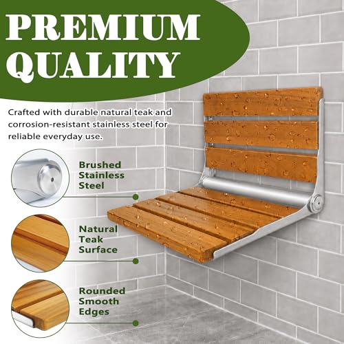 Folding Shower Seat Teak, Folding Shower Seat Wall Mounted, Foldable Shower Chair for Home Care, 450 lbs Capacity (Stainless Steel, 13'' D x 17'' W x 10'' H) - color: Stainless Steel