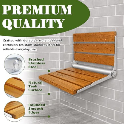 Folding Shower Seat Teak, Folding Shower Seat Wall Mounted, Foldable Shower Chair for Home Care, 450 lbs Capacity (Stainless Steel, 13'' D x 17'' W x 10'' H) - color: Stainless Steel