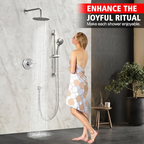 SUMERAIN Brushed Nickel Rain Shower System with Slide Bar | Multi-Settings Rainfall Showerhead, Handheld Spray, Includes 2-in-1 Easy Control Shower Valve, Single Handle - color: Brushed Nickel