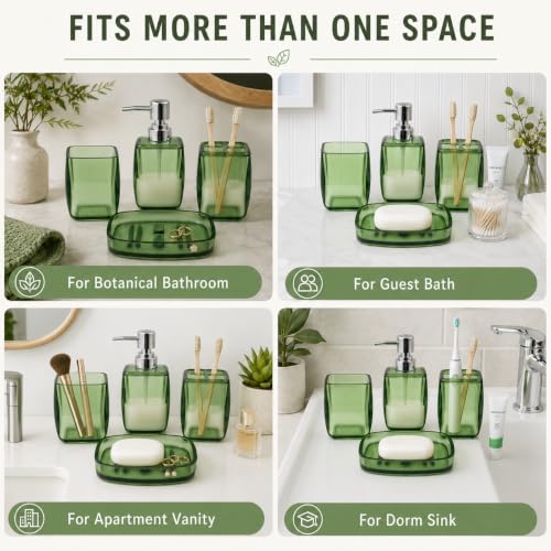 LGURT 4pc Green Acrylic Bathroom Set — Soap Dispenser & Divided Cup | soap dispenser, soap dish, cup & toothbrush cup. Green acrylic, gift-ready for housewarming, hotel, dorm or bath refresh. - color: Fresh Green