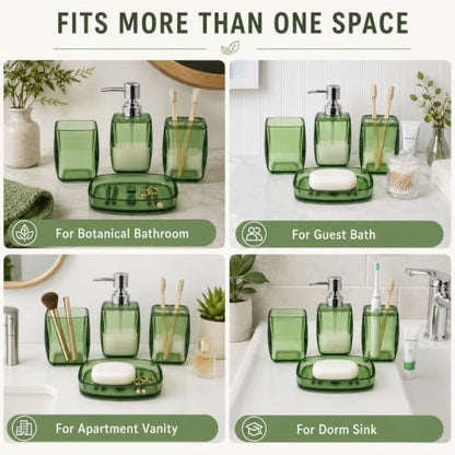 LGURT 4pc Green Acrylic Bathroom Set — Soap Dispenser & Divided Cup | soap dispenser, soap dish, cup & toothbrush cup. Green acrylic, gift-ready for housewarming, hotel, dorm or bath refresh. - color: Fresh Green