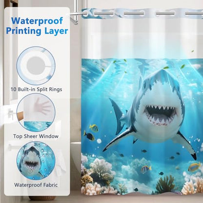 Ocean No Hook Shower Curtain with Snap in Liner Set, Shark Shower Curtain with Mesh Top Window and Weighted Hem, 71x74in Hotel Style Summer Double-layer Waterproof Fabric Shower Curtain for Bathroom - color: Shark