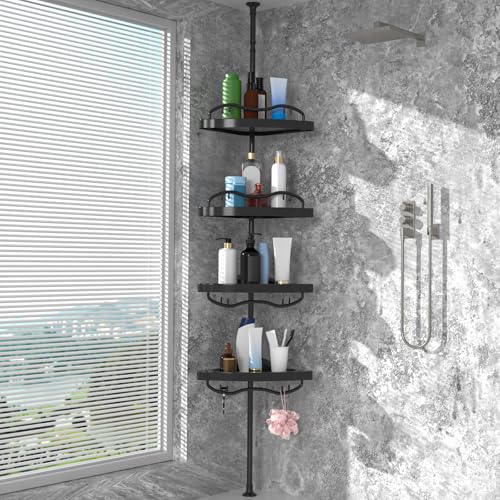 Black Corner Shower Caddy Tension Pole - Heavy Duty Rustproof Stainless Steel Shower Organizer with 4 Adjustable Shelves, No-Drill Free Standing for Bathroom, Bathtub, RV,54" to 114" Tall