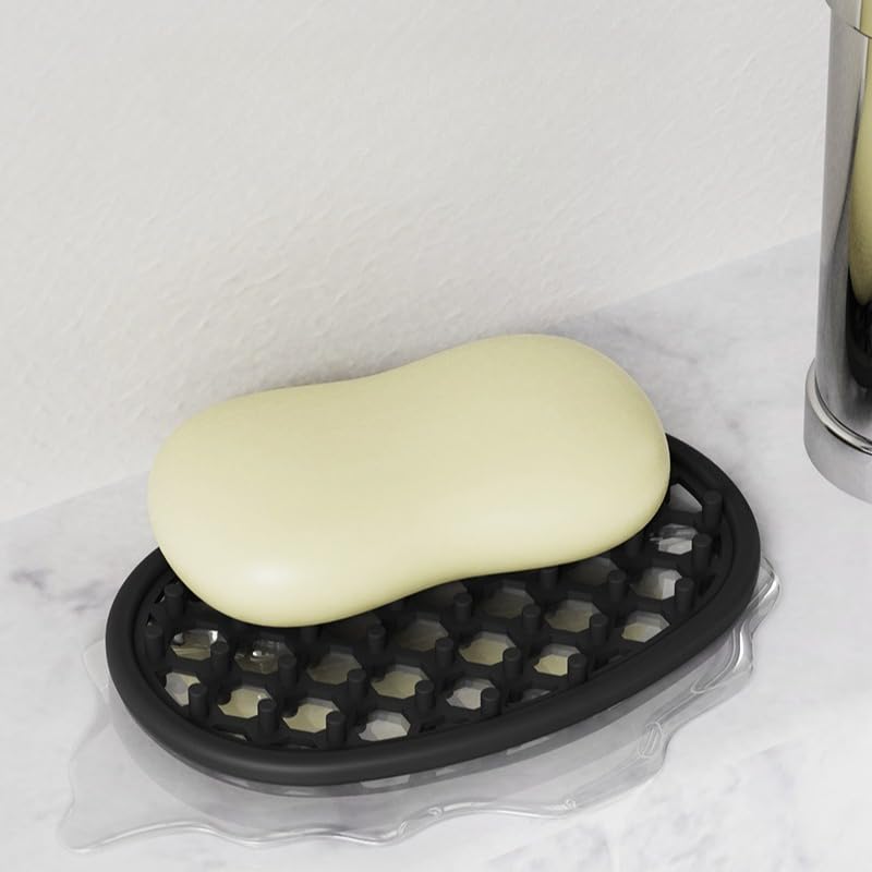Silicone Soap Dish for Shower Bathroom Kitchen Sink Quick Dry Draining Soap Holder Tray Soap Saver Pad (Black) - color: Black
