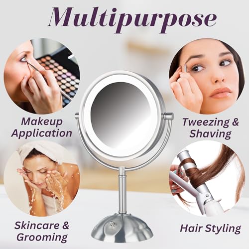 JERDON Lighted Makeup Mirror with 8X Magnification - Nickel - HL8808NL | Two-Sided 1X View, 8.5" Round Frame, 16" Tall, LED Lighting - color: Nickel