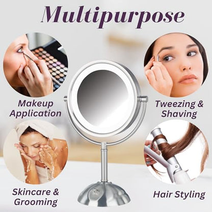 JERDON Lighted Makeup Mirror with 8X Magnification - Nickel - HL8808NL | Two-Sided 1X View, 8.5" Round Frame, 16" Tall, LED Lighting - color: Nickel