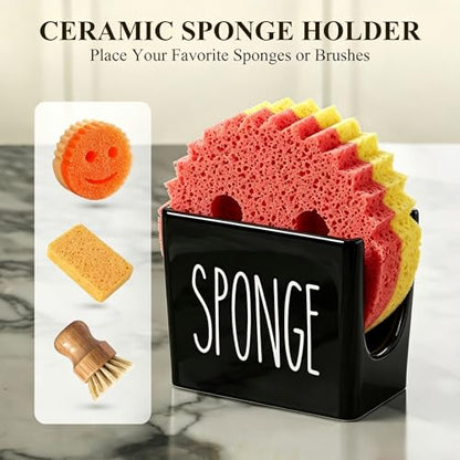 Cisily Black Soap Dispenser Set with Ceramics Sponge Holder, Kitchen Decor | Black Stainless Steel Pumps, Instant Dry Tray - color: Black Pump + Black Sponge Holder