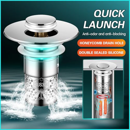 Pop Up Bathroom Sink Stopper, 2Pcs Bathroom Sink Drain Strainer with Removable Stainless Steel Filter Basket Hair Catcher, for US Universal Bathroom Kitchen Basin Sink Stopper Replacement
