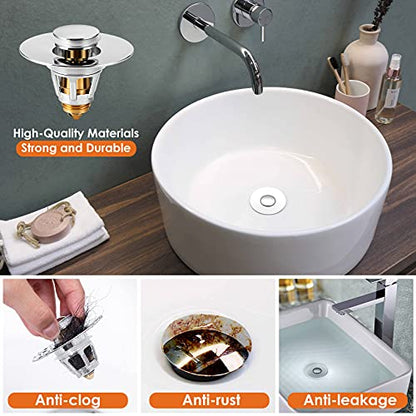 Universal Bathroom Sink Stopper, Basin Pop-up Bathroom Sink Drain Strainer, Bathroom Drain Stopper with Stainless Steel Hair Catcher for 1.1-1.5 Inch Drain(1 PCS, Silver) - color: Chrome Silver
