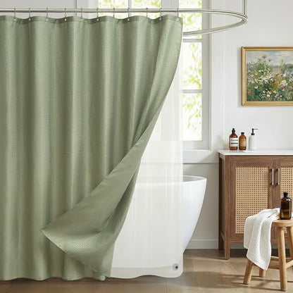 Siiluminisoy Shower Curtain and Liner Set, Waffle Shower Curtain Set with 12 Stainless Steel Hooks, Waterproof Luxury Fabric Shower Curtains for Bathroom and Hotel, Sage Green, 72" W x 72" H - color: Sage Green, size: 72"W x 72"L (Pack of 1)
