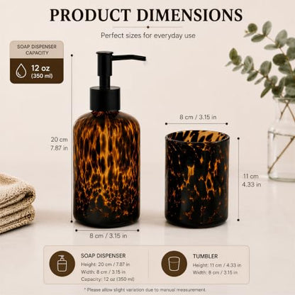 Tortoise Shell Bathroom Accessories | Tortoise Shell Soap Dispenser with Toothbrush Holder | Leopard & Cheetah Bathroom Accessories | Brown Bathroom Decor | Amber Glass Soap Dispenser with Black Pump