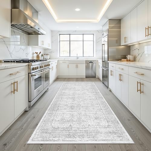 4x8 Area Rug Indoor Kitchen Washable: Non Slip Area Rug for Entry Hallway Farmhouse Vintage Rug Runner for Bathroom Entryway Low Pile Soft Door Mat for Living Room Bedroom (Grey/Ivory 4'x8') - color: Grey, size: 4' x 8' (Rectangular)