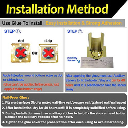 Shower Head Holder Handheld Shower Wand Holder Adjustable Shower Head Bracket Shower Wall Mount Holder, Polished Brass/Gold Finish, Drill Free Glue Installation - color: Polished Gold