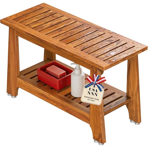 NNN 30" Commercial Heavy Duty Teak Shower Bench, Patented, Non-Slip Stable | with 8 Japan-Made Non-Slip Leveling Feet, Mortise-Tenon Legs 350lb, Pre-Oiled European Teak Oil, Marine-Grade Hardware - size: 30"W x 14" Dx 18"H