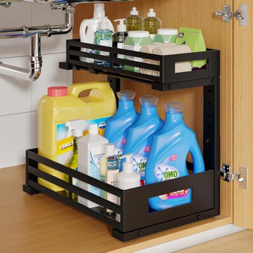 1-Pack Under Sink Organizers and Storage,2-Tier L Shape Pull Out Cabinet Organizer With Round Tube Slide Rails,Hight Adjustable Slide Out Drawers for Kitchen&Bathroom,Multi-Purpose Storage Shelf-Black - color: Black, size: 1 Pack-15.7"Dx11.4"-16.34"H