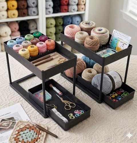 Set of 2 Under Sink Organizer, 2-Tier Black Plastic Storage Rack | Sliding Drawer, For Kitchen and Bathroom