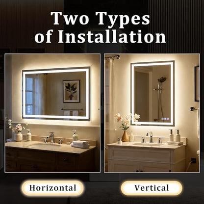 55"x 30" LED Bathroom Mirror Backlit & Front Lit Lighted Vanity Mirror with Lights for Wall, 3 Color Dimmable, Anti-Fog, Adjustable Brightness, Shatterproof Tempered Glass