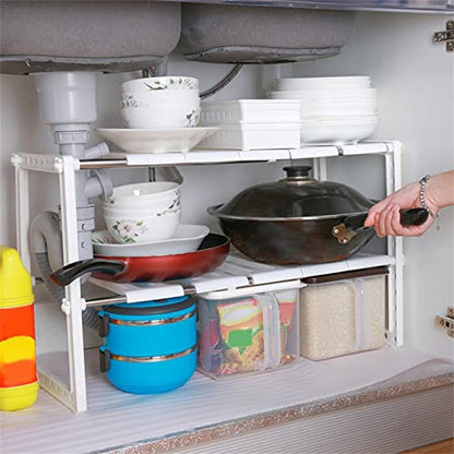 Mingzhe Retractable 2-Layer Storage Rack Adjustable Length Under Sink Organizer Stainless Steel Kitchen Shelf with Height Adjustment for Dishware Storage