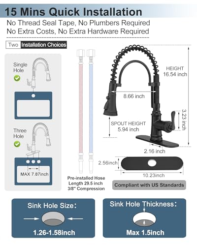 3-Function Kitchen Faucets with Pull Down Sprayer, 1 Hole or 3 Hole Kitchen Faucet Black, 1 Handle Kitchen Sink Faucets, 360 Degree Swivel Stainless Steel Faucet for Kitchen Sink with Deck Plate - color: Matte Black - Classic