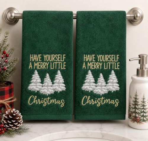 Holiday Christmas Bathroom Guest Hand Towels, 100% Cotton, Set of 2, Have Yourself a Merry Little Christmas Gold White on Green- 16” x 25” Decorative Bath & Kitchen Towels - color: Little Christmas