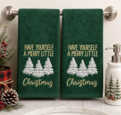 Holiday Christmas Bathroom Guest Hand Towels, 100% Cotton, Set of 2, Have Yourself a Merry Little Christmas Gold White on Green- 16” x 25” Decorative Bath & Kitchen Towels - color: Little Christmas